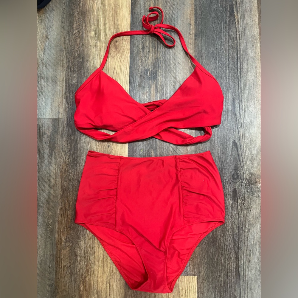Aerie Red Scoop Wrap Bikini Set Size L